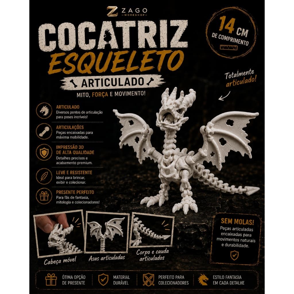 Cocatriz Esqueleto Articulada 14cm Impressão 3D Flexível Boneco Colecionável Fantasia