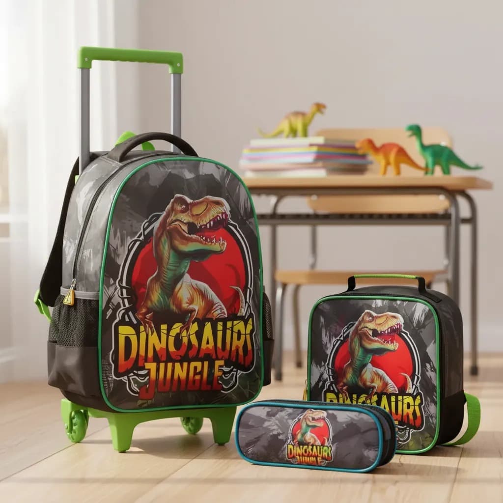 Kit Mochila Rodinha Lancheira Estojo Dinossauro Menino Grand