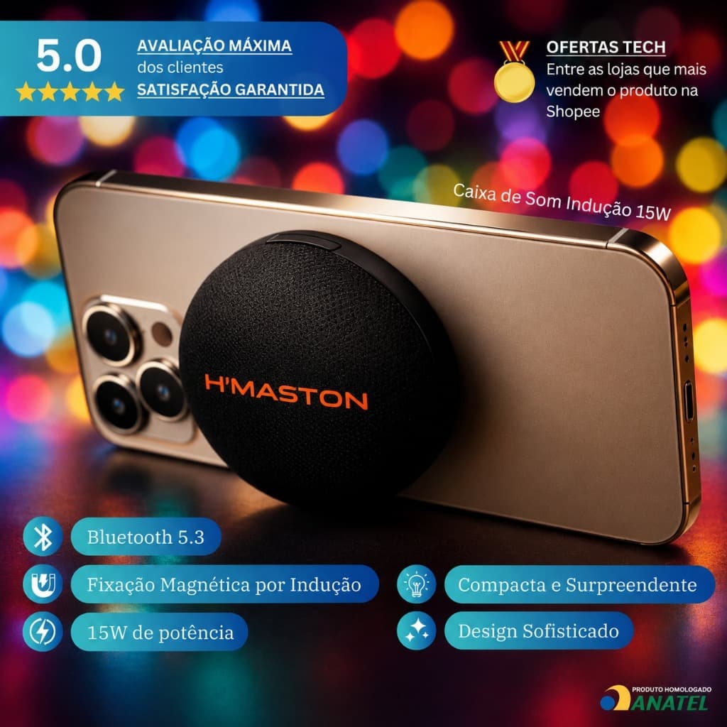 Caixa de Som 15W Indução Bluetooth Sem Fio Portátil Magnética Prova d'Água H'Maston AM-55