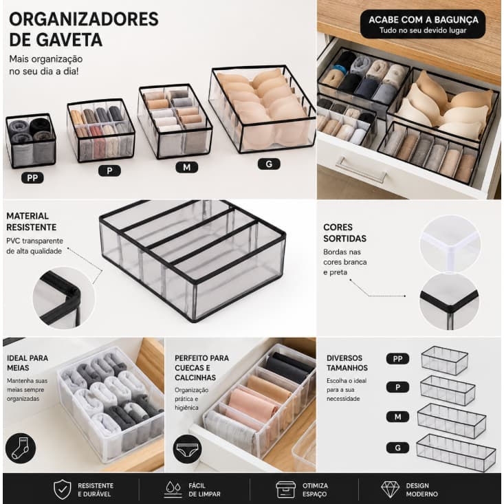 Organizador Transparente para Gaveta Espaçoso Multi Formas PP, P, M, G