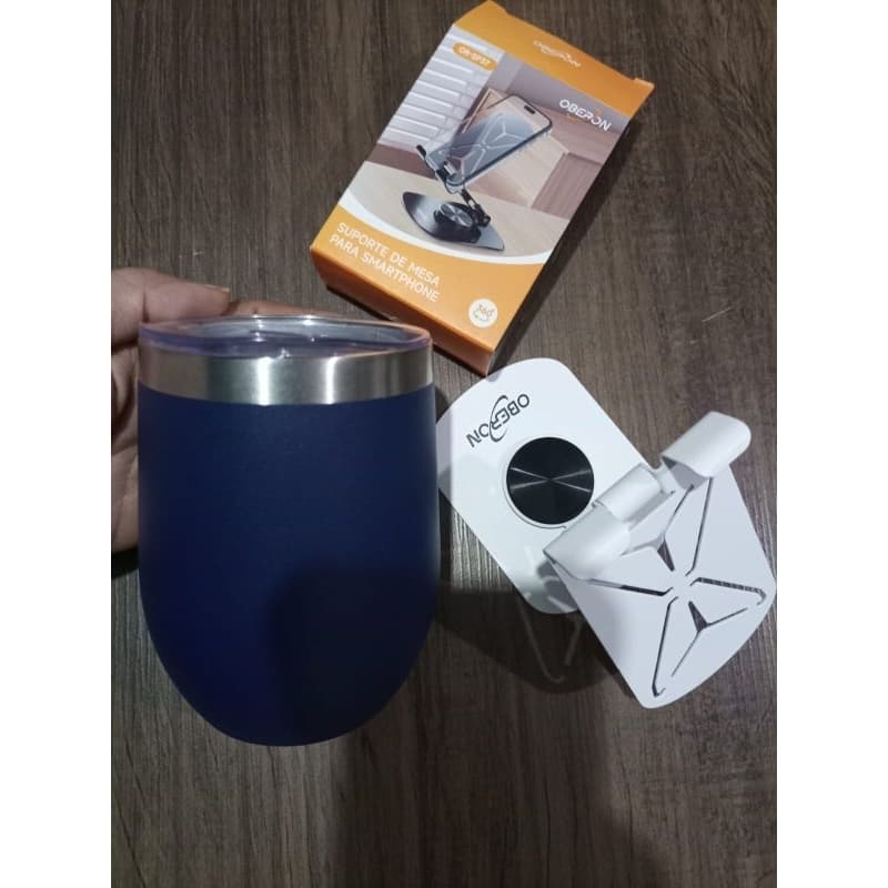 Kit copo térmico com tampa + suporte para celular de ferro. Vai uma embalagem transparente e uma fita para presente