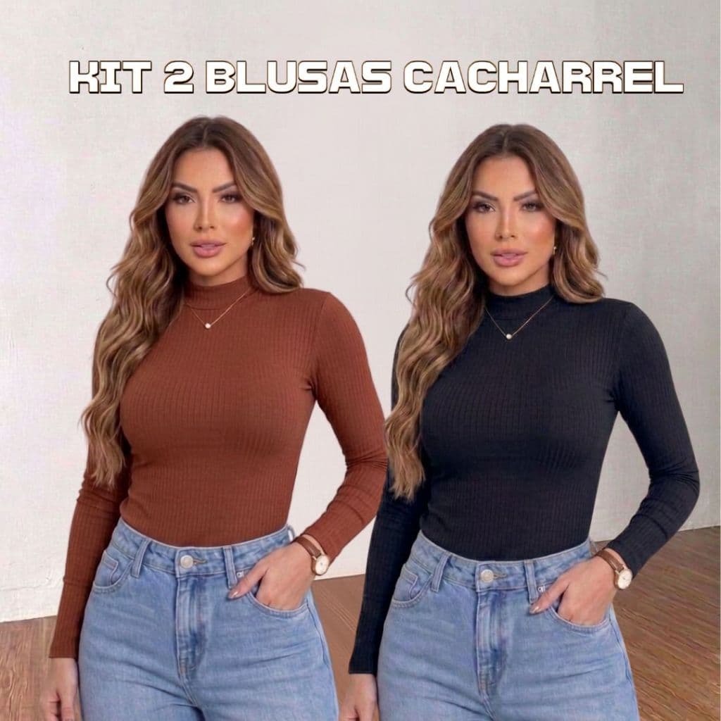 Kit 2 Cacharrel Feminina Ribana Canelada Gola Alta Manga Longa Inverno Elegante