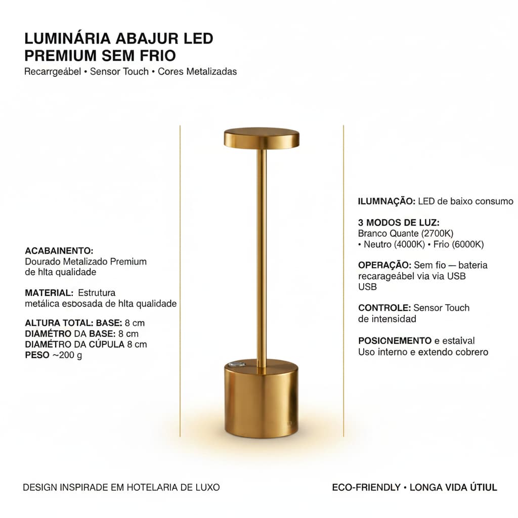 Luminária LED Sem Fio Recarregável Touch Abajur de Mesa USB 3 Modos de Luz Decorativa Premium