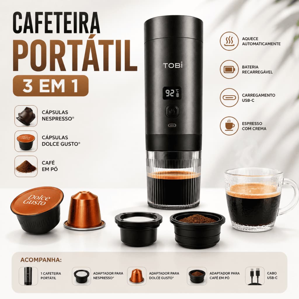 Cafeteira Portatil 3 Em 1 Expresso Rápido Elétrica Recarregavel Preta Capsula Ou Café Moído