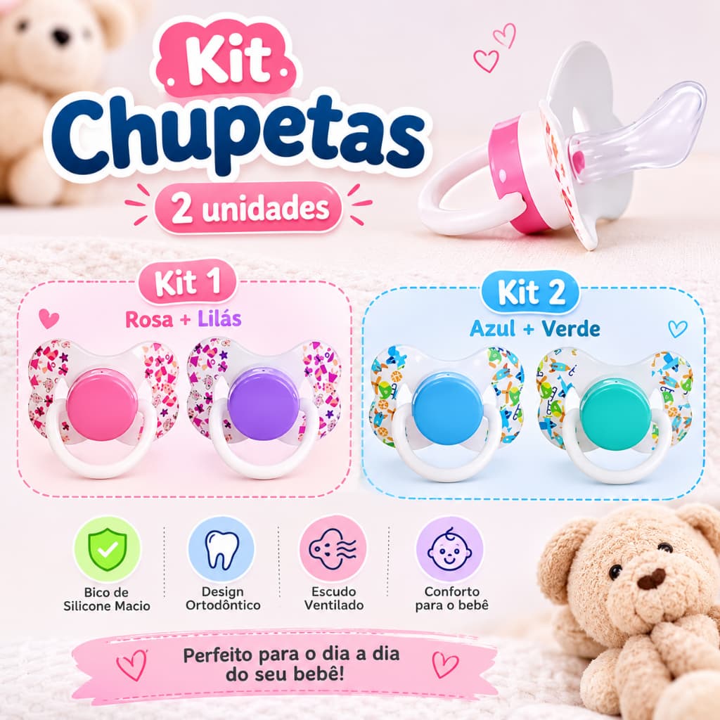Kit 2 Chupetas Ortodônticas Bebê Bico Silicone Macio 2 Unidades Menino Menina
