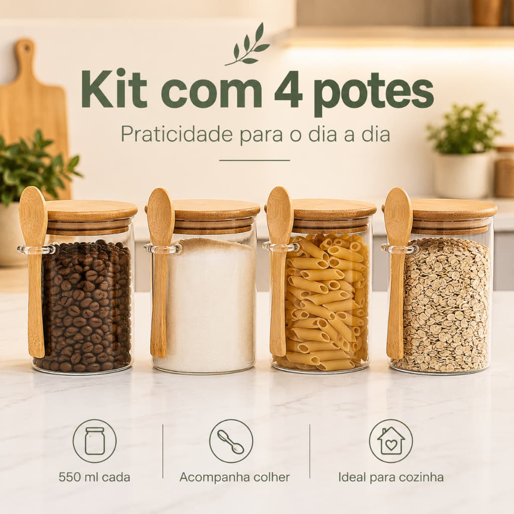 Pote de vidro borossilicato com tampa de bambu hermetico kit com 4