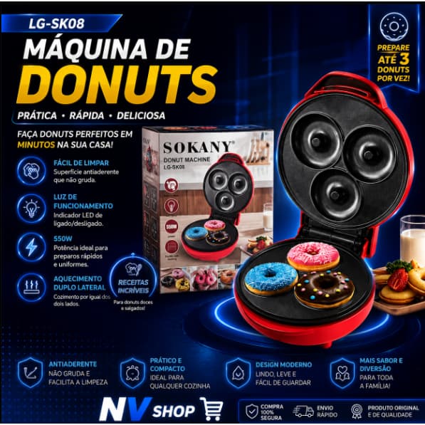 Máquina de Donuts Mini para 3 Rosquinhas – Antiaderente, Cor Vermelho