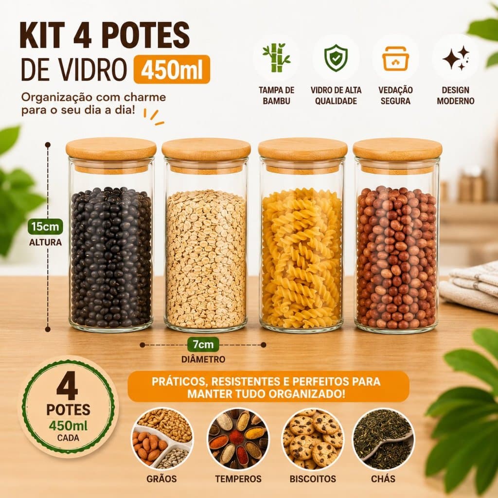 Kit 4 Potes De Vidro Hermético Tampa Bambu Mantimento 450ml