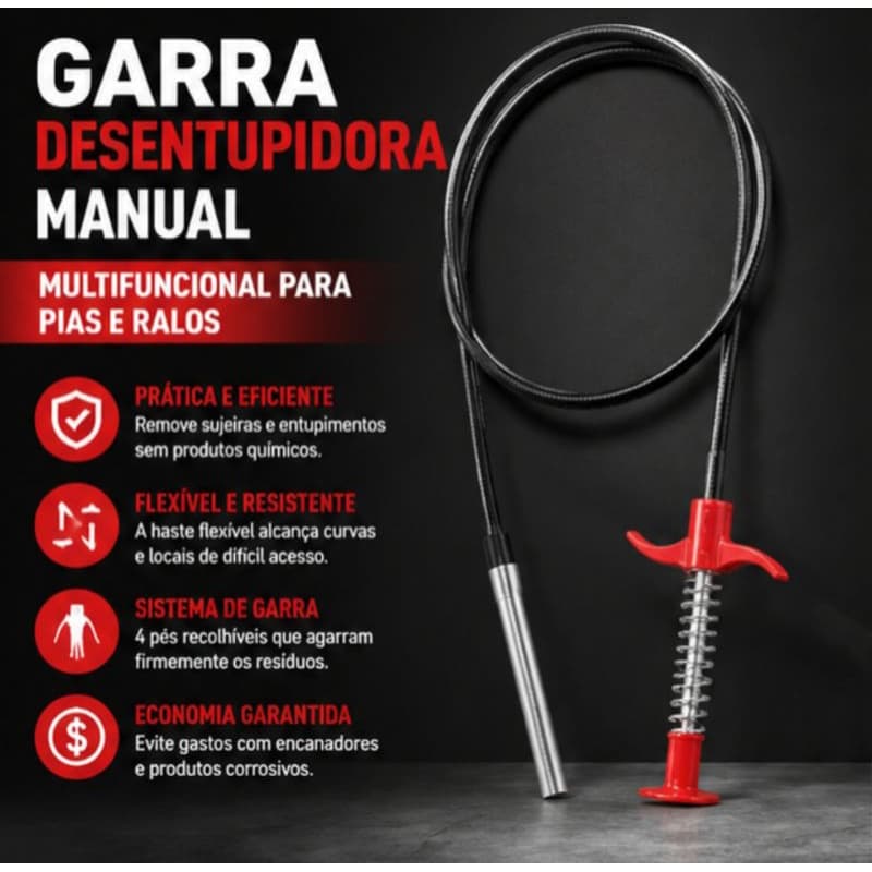 Garra Desentupidora Manual Flexível 86,5cm para Pia Ralo Cano Removedor de Cabelos e Objetos
