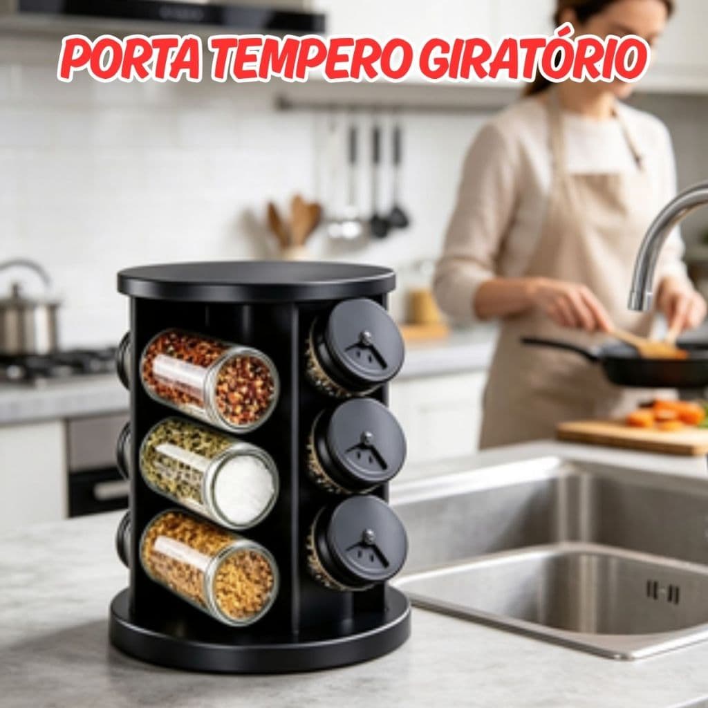 Porta Condimentos Giratório Organizador Cozinha Gourmet - 6 Potes Vidro  - Cozinha com  Praticidade