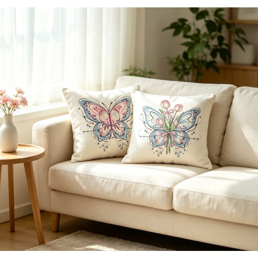Almofada Borboleta Floral Impressa Aquarela Tulipa Rosa Laço 40/45cm Decoração Sofá Cama Frete Rápido