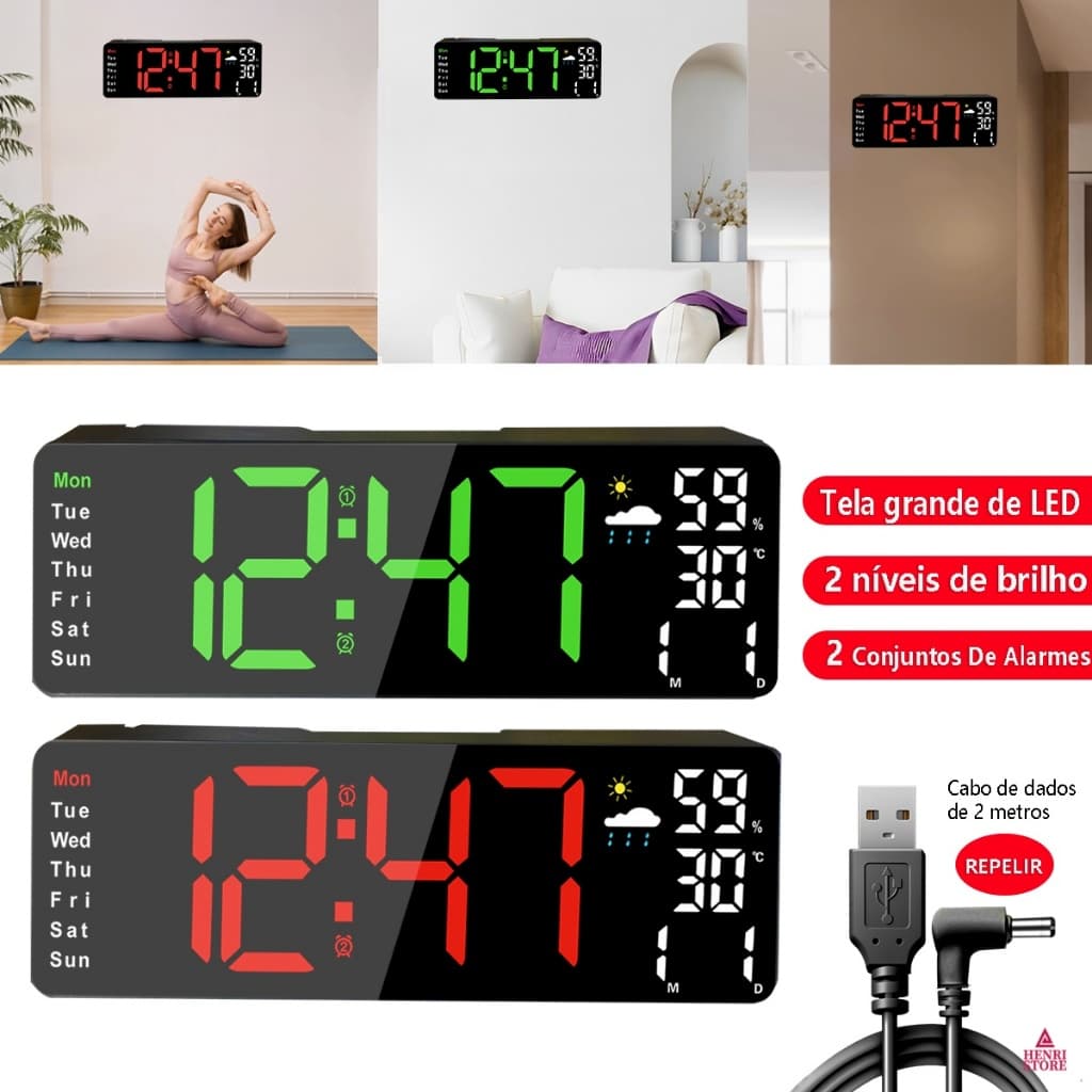 Relógio De Parede Grande Despertador Digital Com 2 Alarmes 2 Brilhos Ideal Para Sala Escritório E Quarto