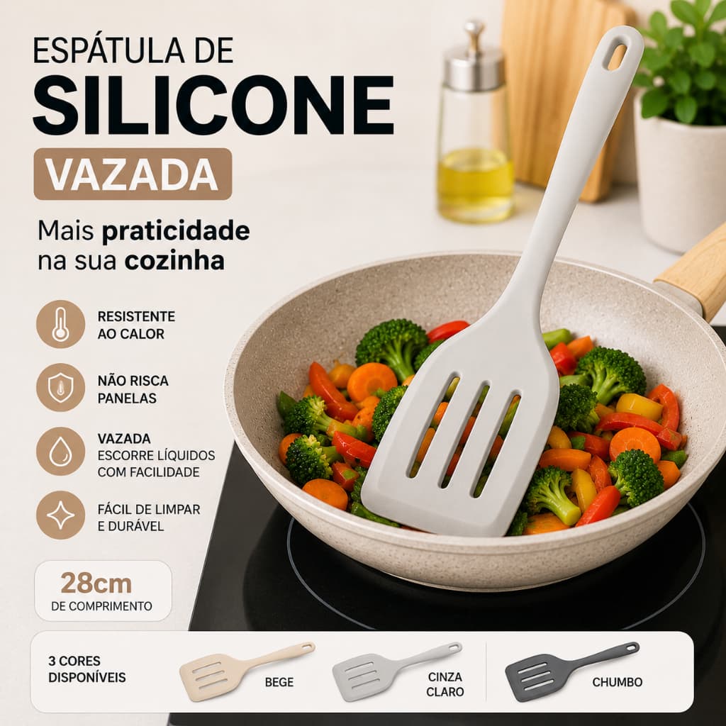 Espátula de Silicone 28cm Vazada Antiaderente Resistente ao Calor Cozinha