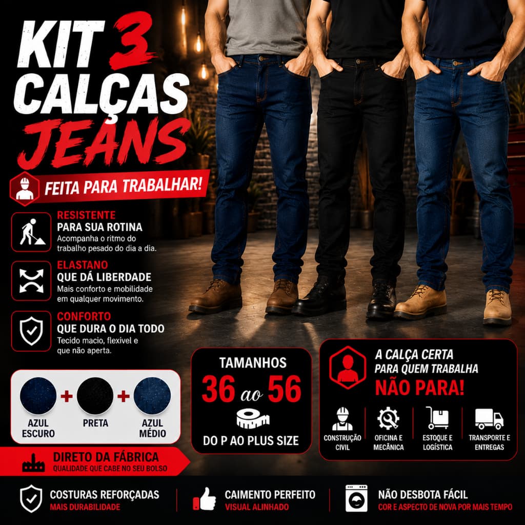 Kit 3 Calças Jeans Masculina Elastano Para Trabalho Casual