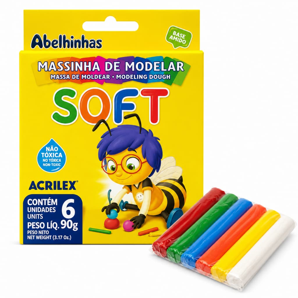Massinha de Modelar Acrilex Soft 6 Cores 90g não Tóxica Infantil