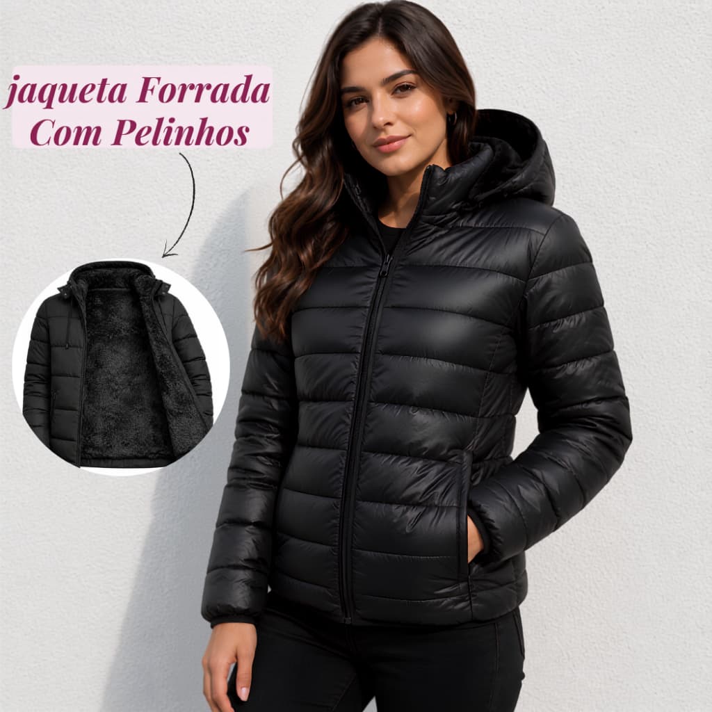 Jaqueta Feminina Puffer Com Pelinhos Jaqueta Térmica Impermeável Corta Vento Bobojaco Capuz Removível Preto Quentinho