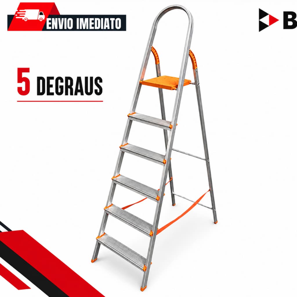 Escada de alumínio 5 degraus residencial Reforçada Resistente - EDS005 - Agata