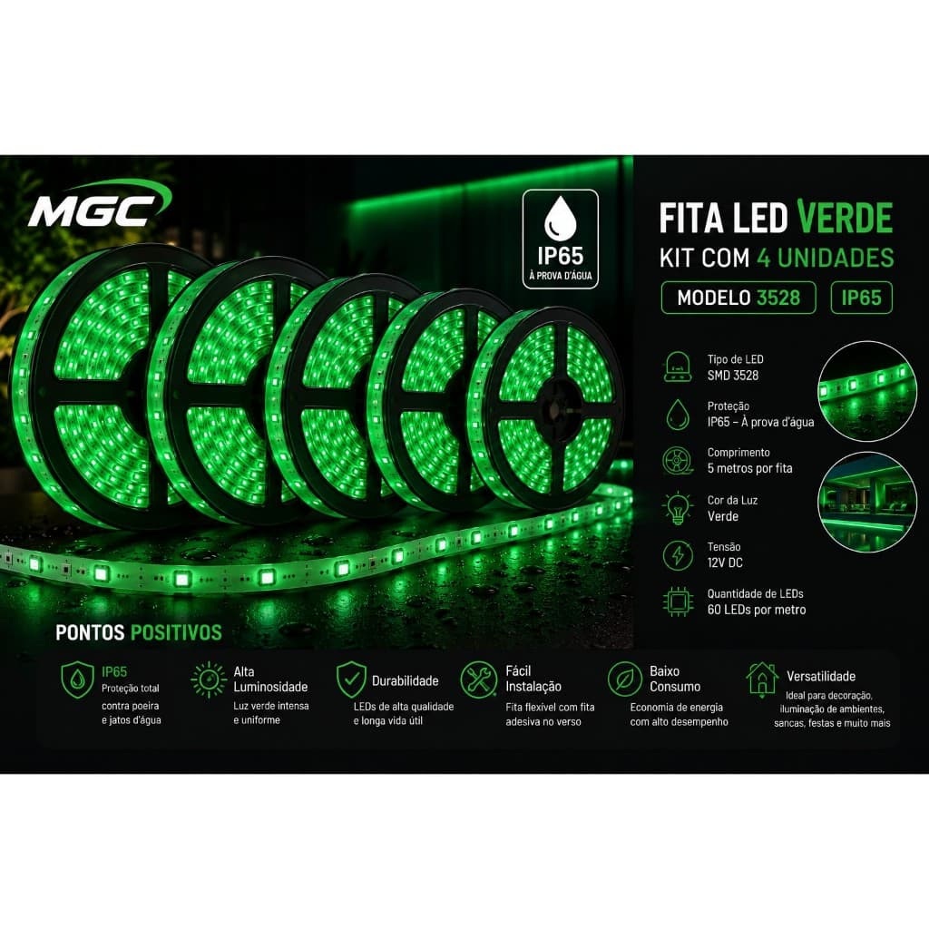 Kit Fita Led Verde 5 Metros IP65 3528 60 LEDs/m 12V MGC Alta Luminosidade