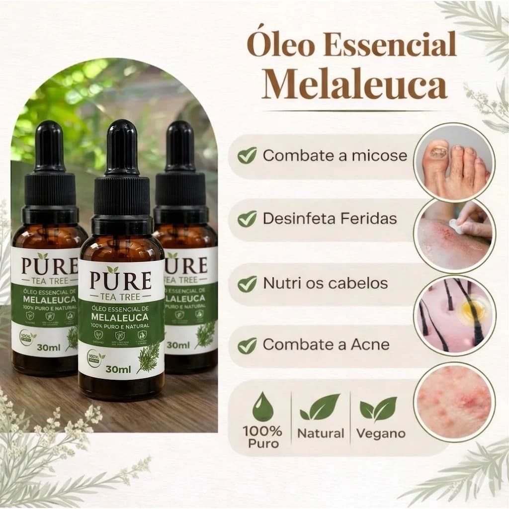 Óleo Essencial De Melaleuca 100% Puro 30ml Contra Micose Acne