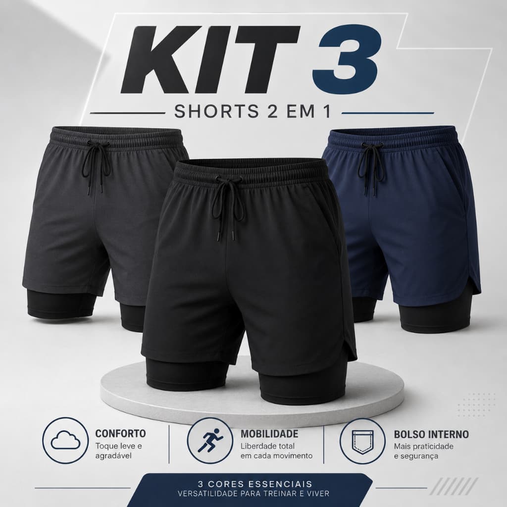 Kit 3 Bermudas Masculinas 2 em 1 Dry Fit com Compressão e Bolso Interno