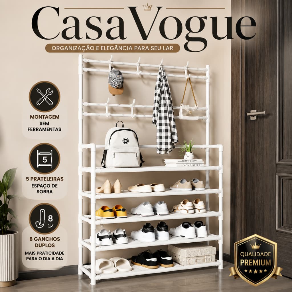 Sapateira Organizadora 5 Prateleiras com Cabideiro e 8 Ganchos CasaVogue® Porta Sapatos Bolsas Casacos Multiuso Branca