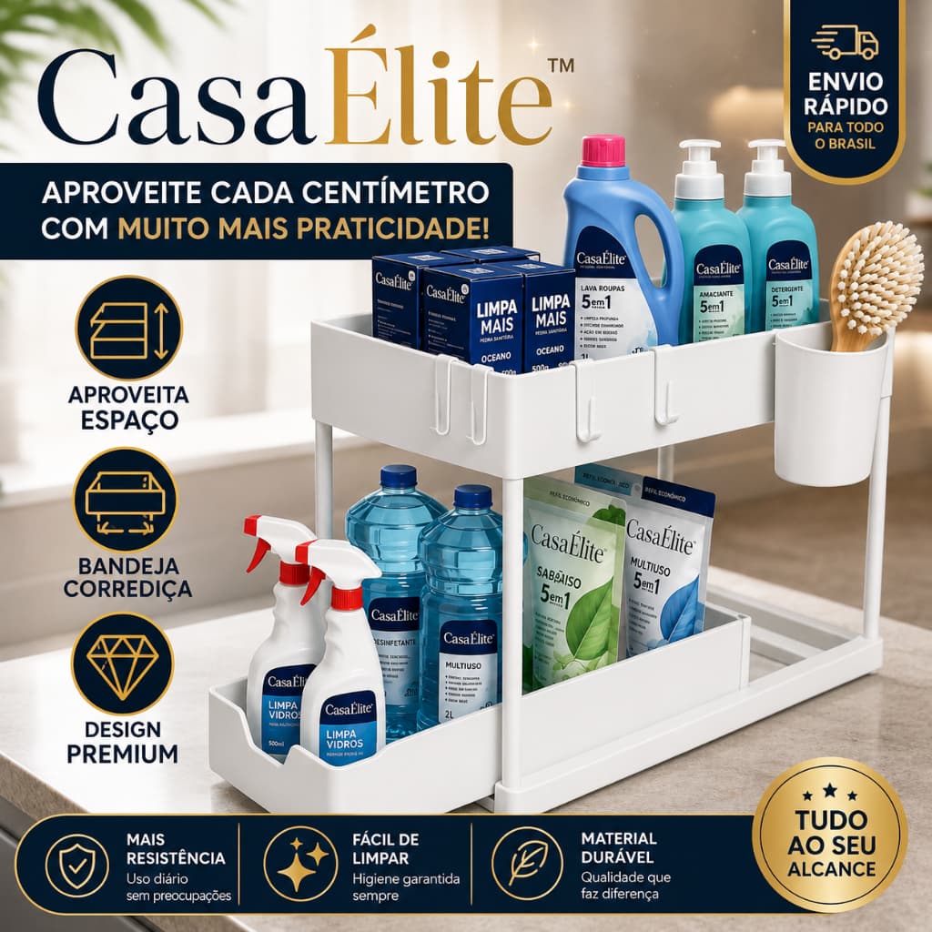 Organizador Multiuso 2 Níveis com Bandeja Corrediça Branco para Cozinha Banheiro Lavanderia | CasaÉlite™
