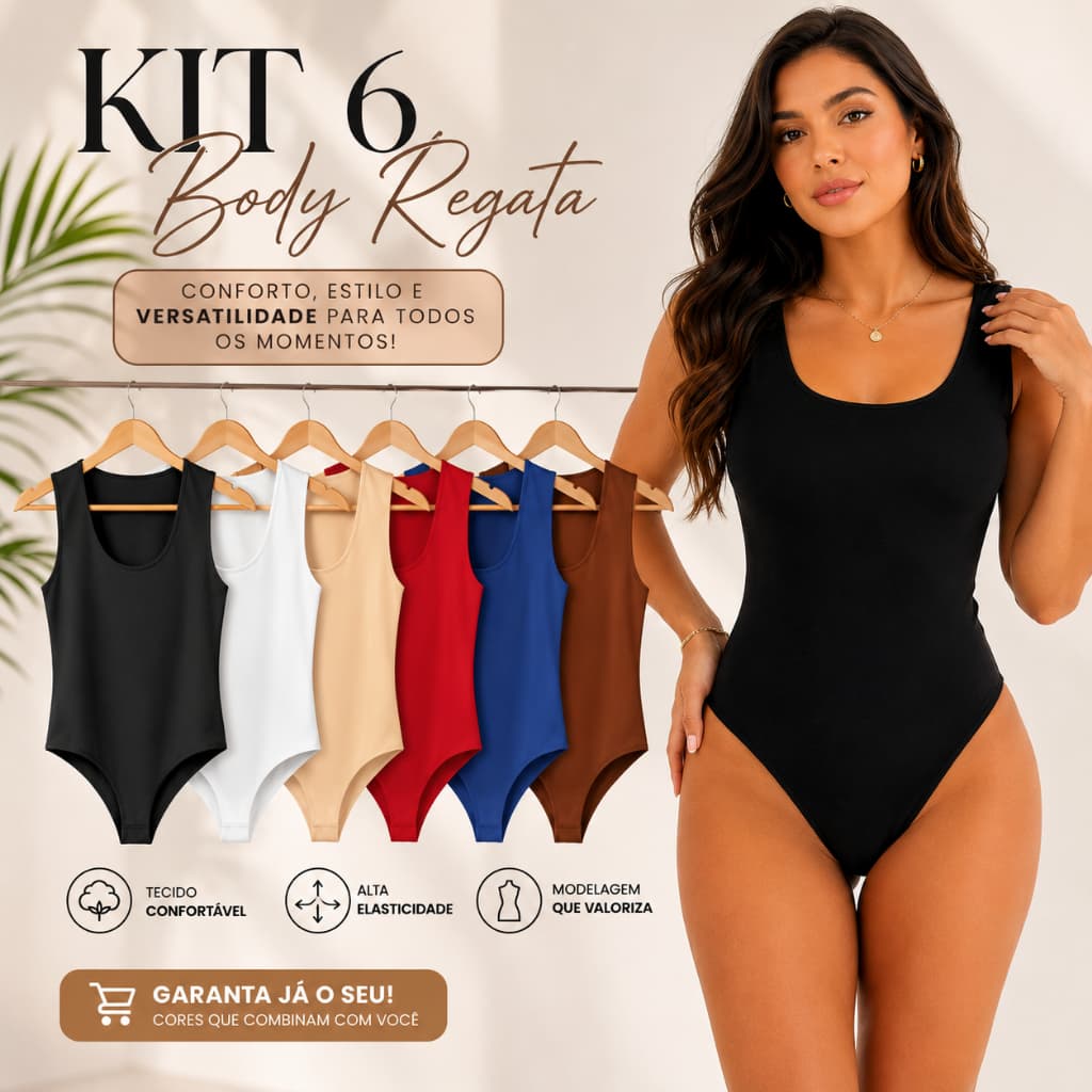 KIT 6 Body Feminino Decote Quadrado Alça Larga Forro Duplo Suplex Confortável Modela o Corpo