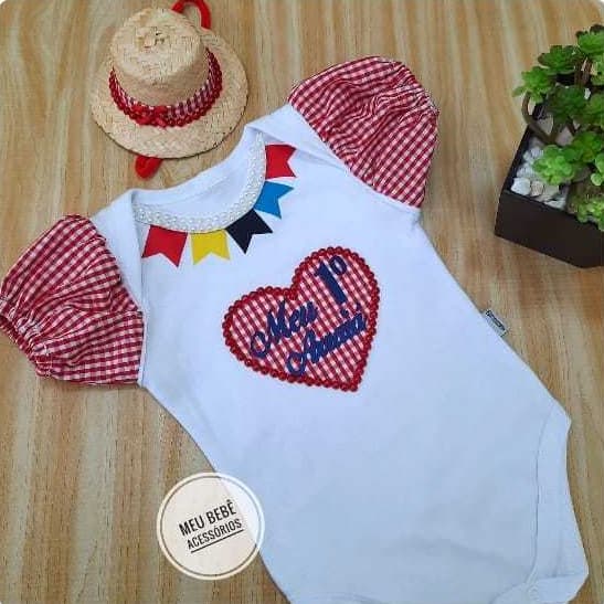 Roupa de Festa Junina Infantil Vestido de Festa Julina Bebe Body São João Primeiro Arraia Bodie Arraial Mesversario