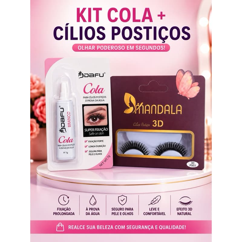 Kit Cola para Cílios Postiços + Par de Cílios 3D Reutilizável | Fixação Forte e Longa Duração