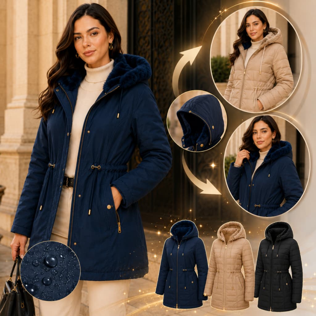 Casaco Jaqueta Parka feminina dupla face capuz removivel  Inverno Sarja Nylon