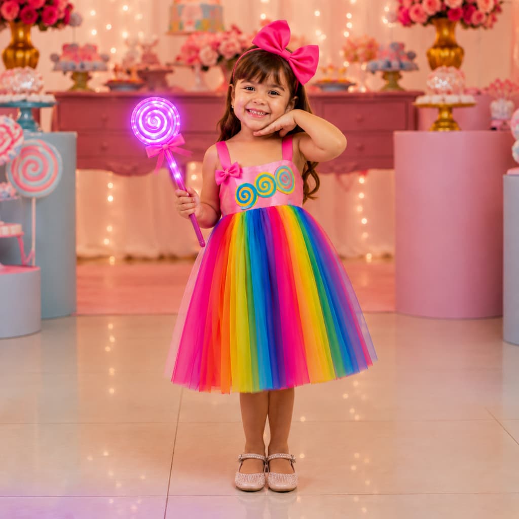 Fantasia Infantil Arco Íris Varinha com Luz Led 3 Funções Vestido Tule Princesa Tiara 3 a 8 anos Festa Carnaval