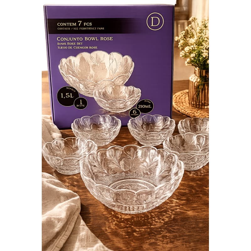 Bowls de Vidro Dumiat rose 7 Peças | Conjunto Completo para Sobremesas