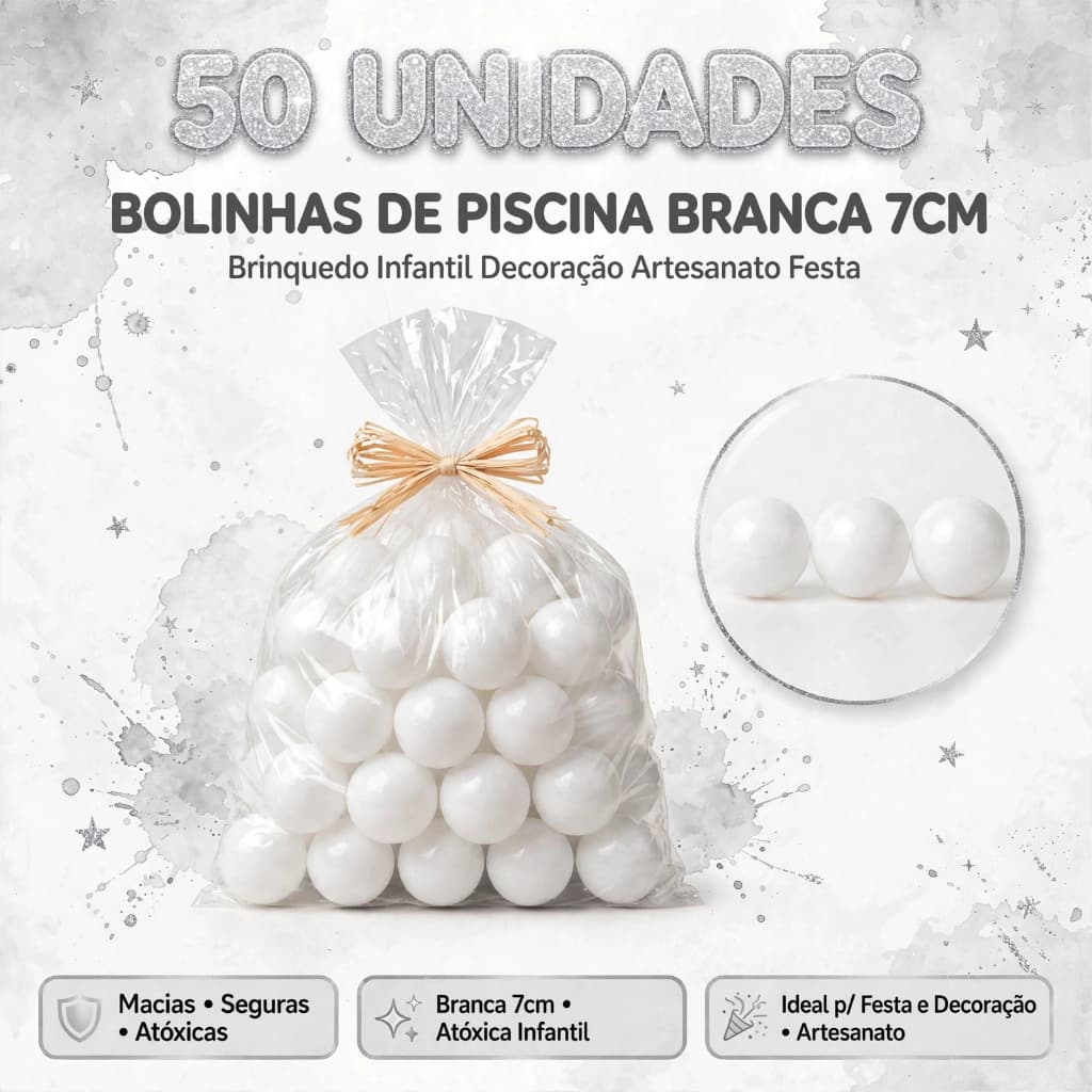 50 Bolinhas Piscina Branca 7cm Atóxica Infantil Decoração Artesanato Festa