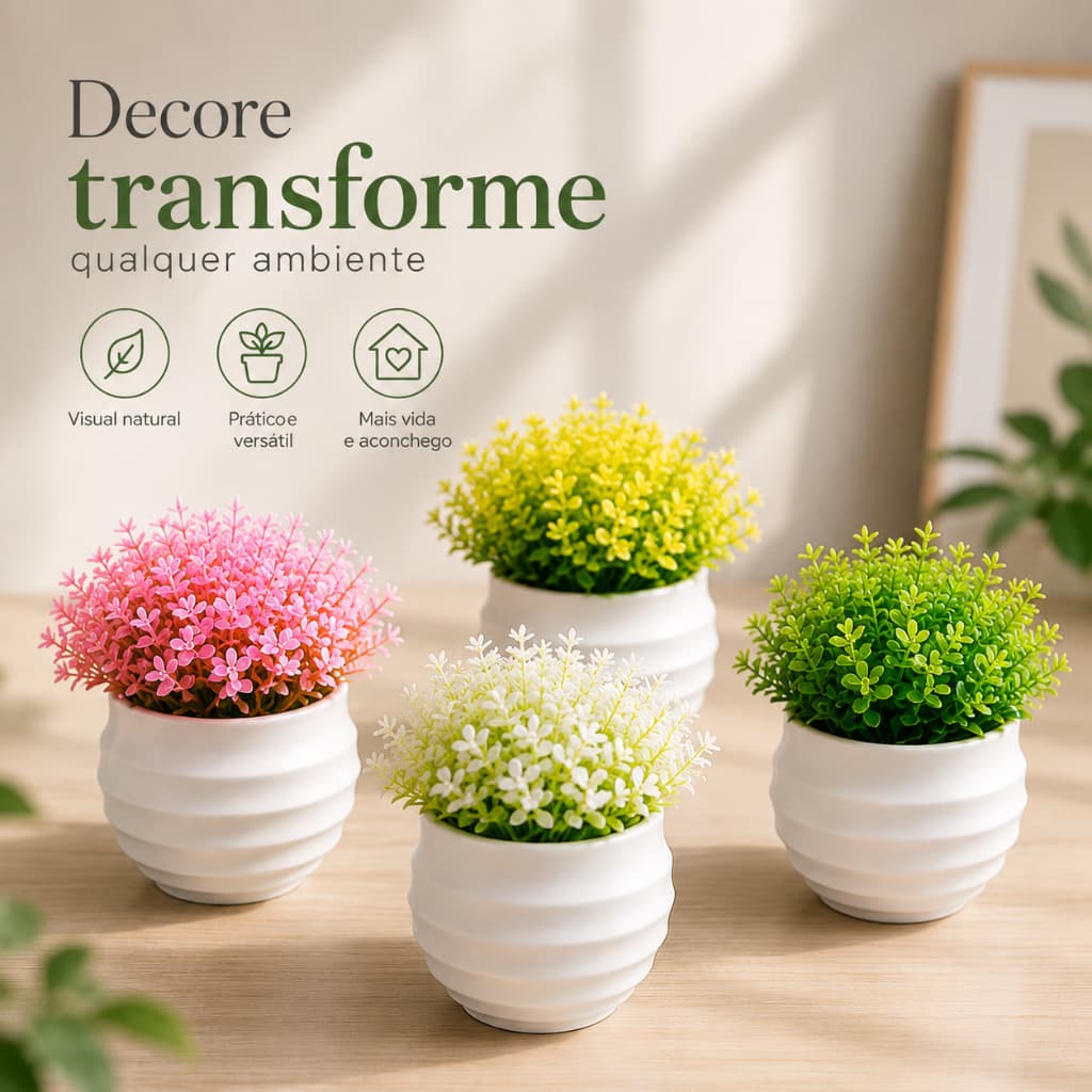 Mini Vasinhos Bonsai Planta Flores Sortidas Artificiais Vaso Branco Decoração Casa Sala Quarto Banheiro