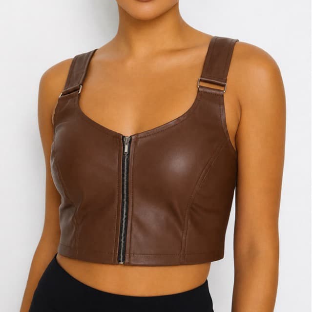 Cropped Feminino Courino Marrom com Zíper Frontal– Moda Casual Elegante