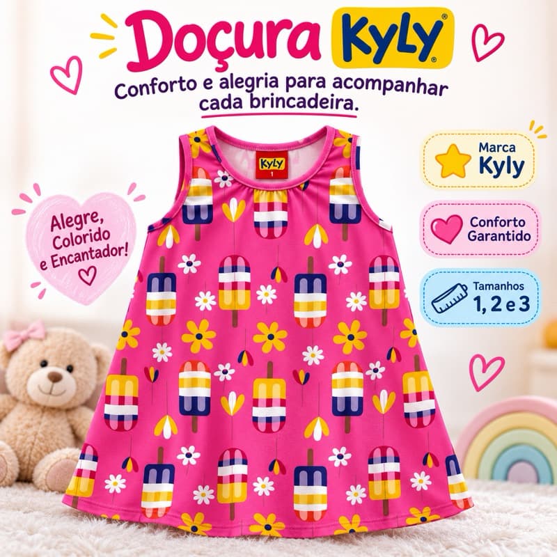 Vestido Infantil Kyly Menina Rosa Estampado Sorvete Sem Manga Confortável Tam 1 2 3