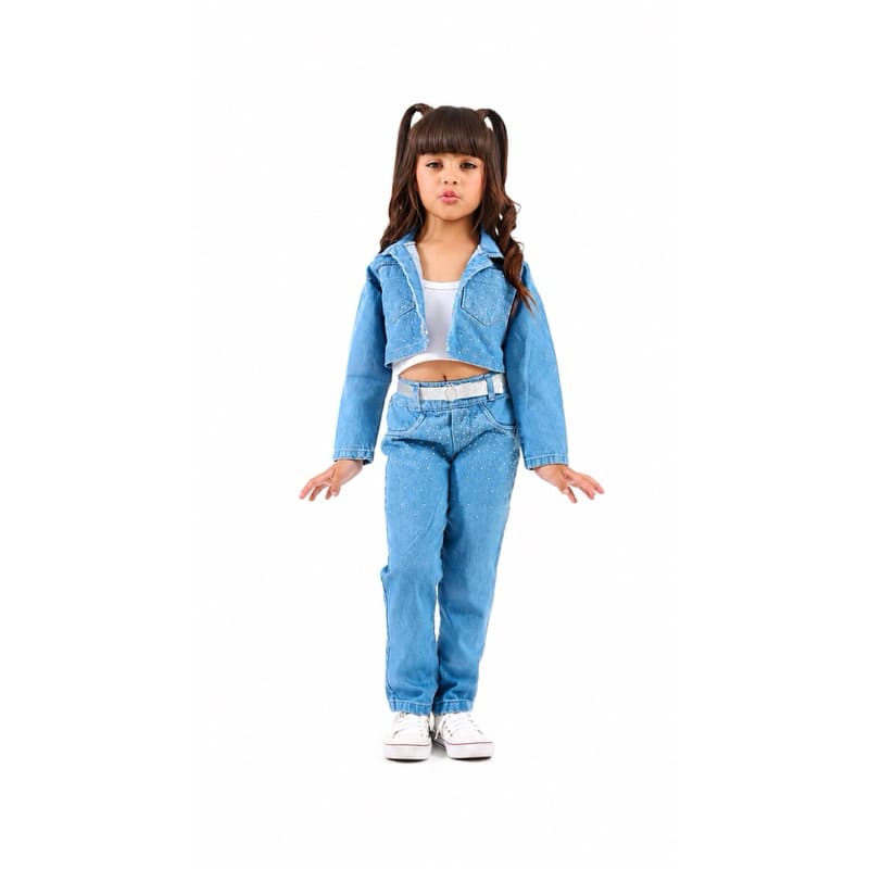 kit conjunto jeans menina infantil aplicação de brilho calça com jaqueta + croop acompanha cinto