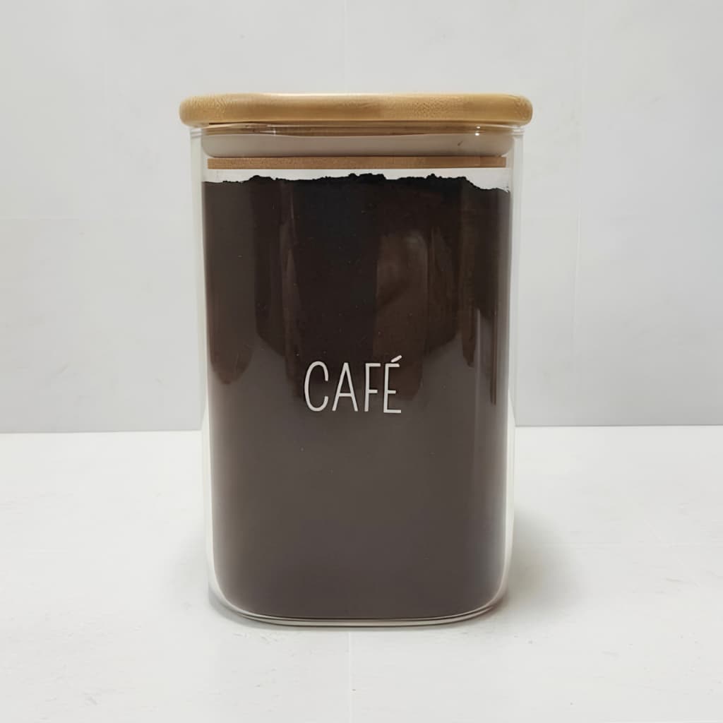 Pote Hermético de Vidro Resistente com Tampa de Bambu Personalizado 1.1Litros Quadrado Café Açúcar
