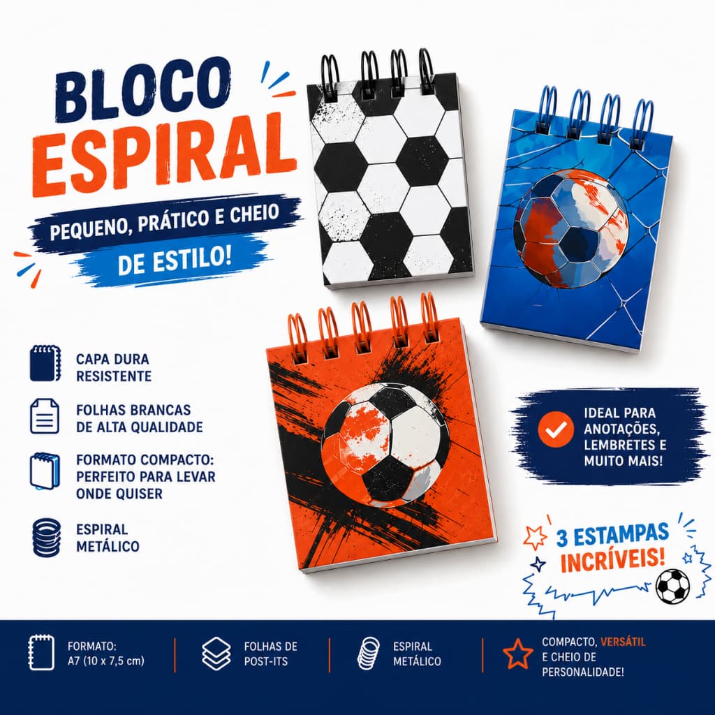 Mini stick note espiral futebol, mini caderno com notas com tema futebol