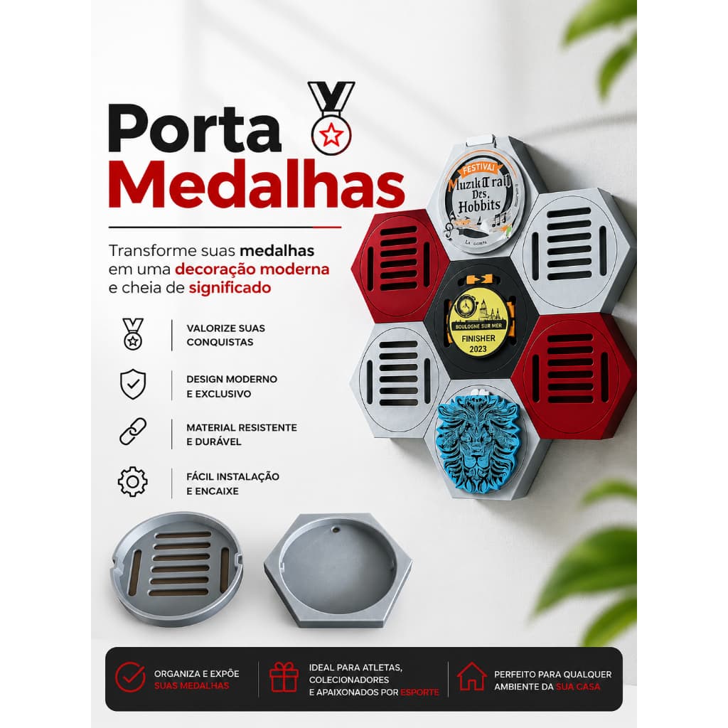 Porta Medalhas Hexagonal Colmeia Modular Parede Corrida Jiu Jitsu Bike Futebol 3D