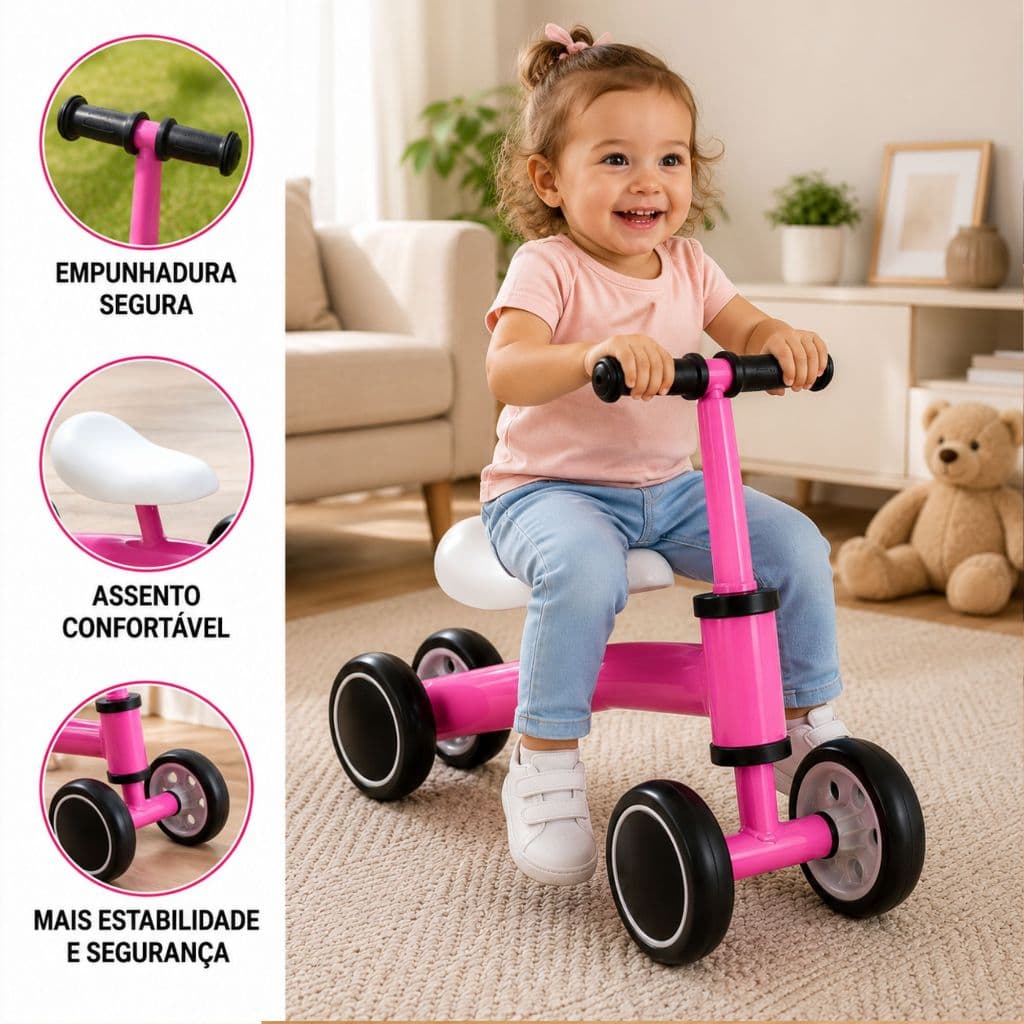 Bicicleta Equilibrio Infantil Rosa e Azul Sem Pedais Aprender Andar Triciclo Assento Ajustável