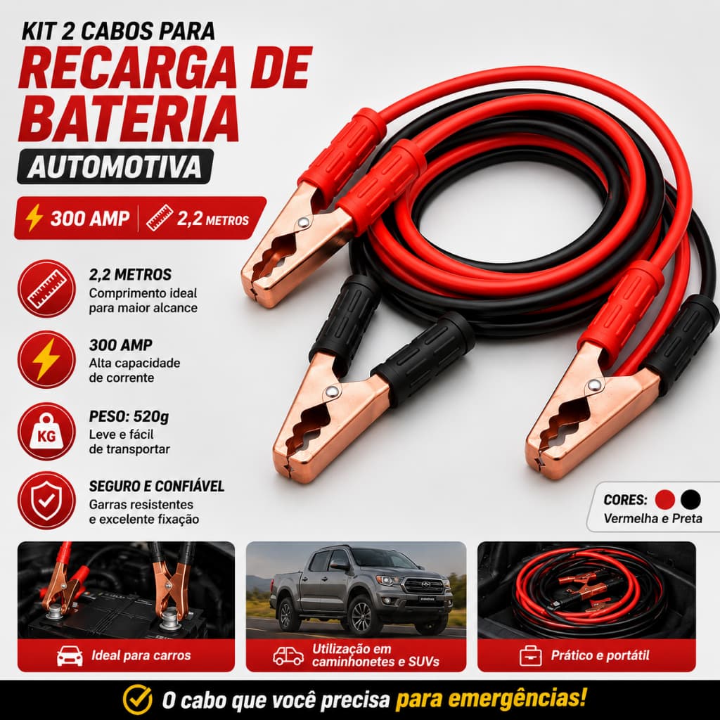 Kit Cabos Recarga Bateria Automotiva 300 Amp 22 Metros Cabo Arranque Carga Chupeta Carro Caminhao