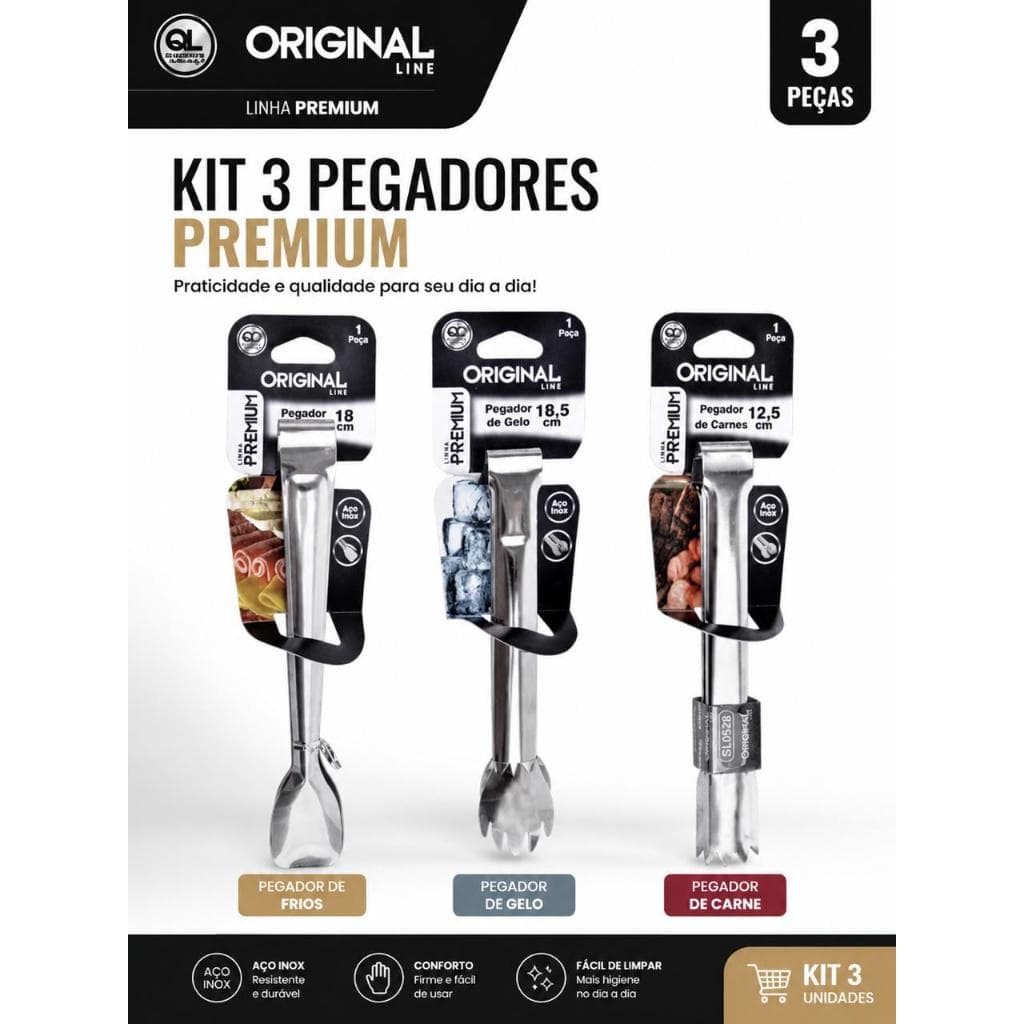 Kit 3 Pegadores Aço Inox Premium Pegador de Frios + Gelo + Carne Multiuso Cozinha Churrasco
