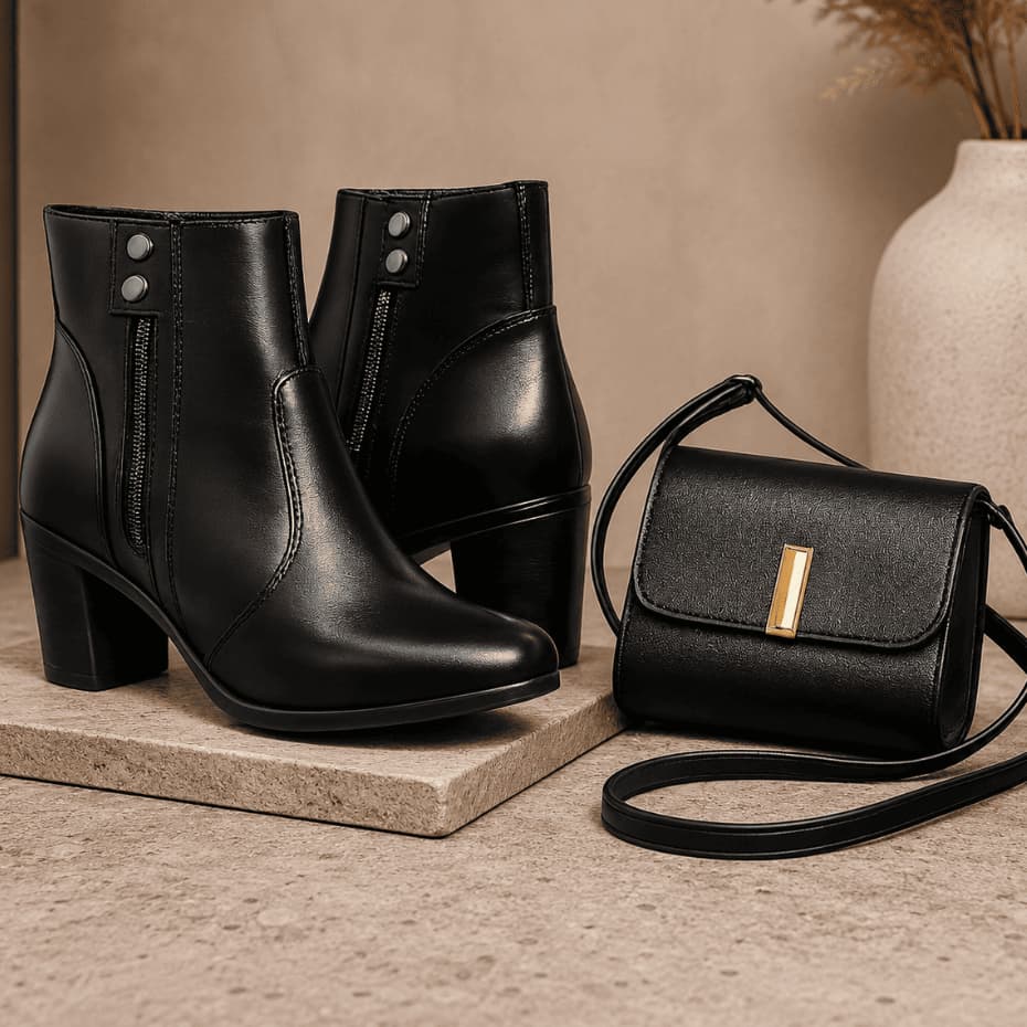 Bota Feminina Cano Curto Botinha Zípper Salto + Bolsa Baladinha Preta De Laço Inverno Casual