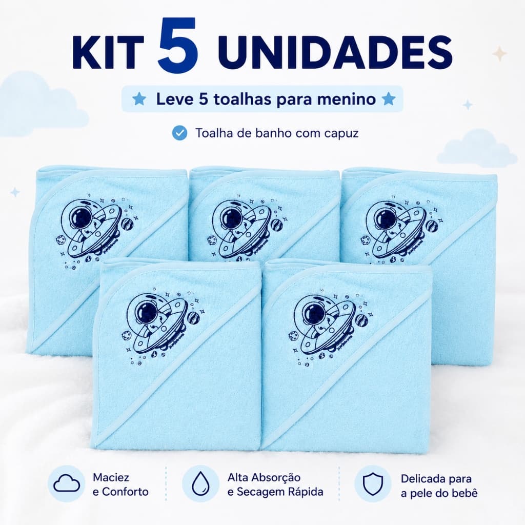 Kit Toalha de Banho Bebê com Capuz 2 ou 5 Unidades 65x65 Menino Menina Estampada