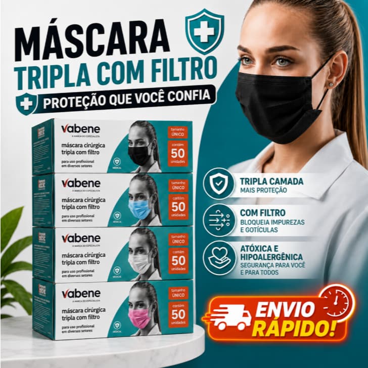 Kit Máscara Cirúrgica Tripla com Filtro 50 Unidades Descartável Profissional Hipoalergênica