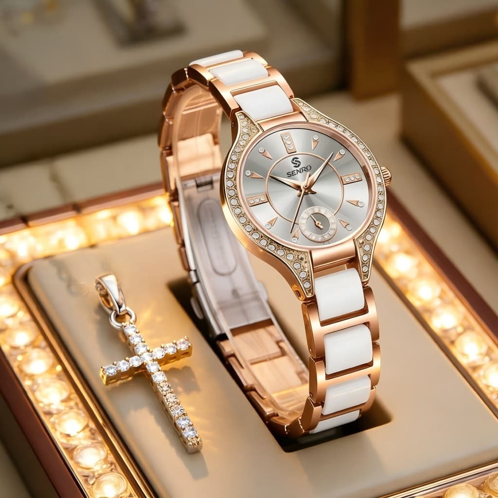 Relógio Feminino Elegante Quartz Pulseira Aço Resistente Água Caixa Liga Metálica Premium Moderno 8010