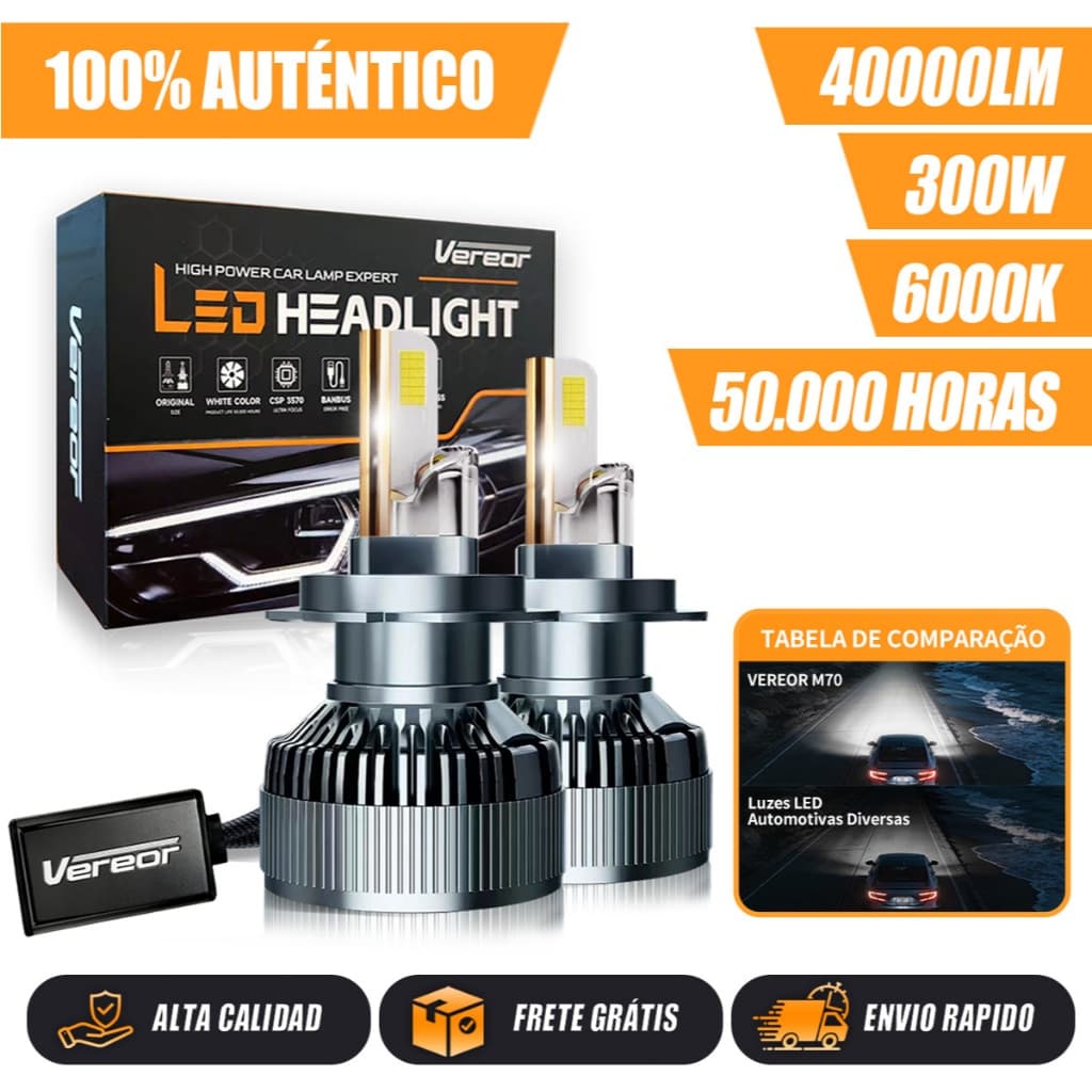 Lâmpada Farol LED M70 H1 H3 H4 H7 H11 9005 9006 6000K 300W 40000LM 36 LEDs Alta Luminosidade Resfriamento Rápido Long