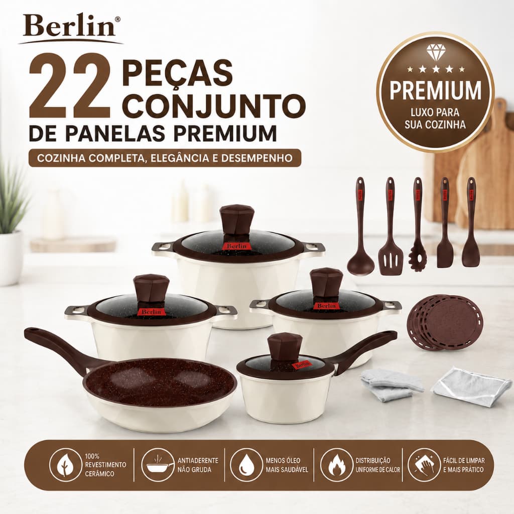 Jogo De Panelas Berlin Antiaderente Cerâmica 22 Peças - Indução E Gás Conjunto De Luxo Com Tampa De Vidro E Utensílios