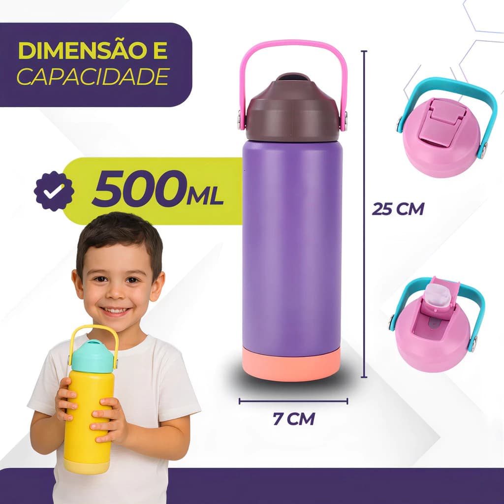 Garrafinha Térmica Infantil 350ml com Canudo e Alça Portátil Tampa Segura para Escola Passeio e Uso Diário